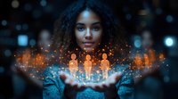 Young African American woman holding glowing holographic figures above hands, representing social connection and digital networking in dark setting with bokeh lights.