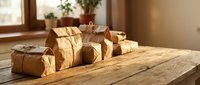 Rustic brown paper packages tied with natural twine arranged on wooden table in warm sunlight. Perfect for gift wrapping, shipping and holiday concepts.