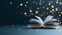 Open book with magical glowing golden bokeh lights floating above pages against dark background, creating mystical reading atmosphere and storytelling concept.