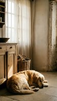 Golden retriever dog resting on stone floor in rustic farmhouse interior with wooden furniture, wicker basket and natural sunlight streaming through window.