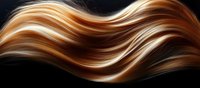 Flowing strands of golden brown and blonde hair creating smooth wavy pattern against dark background, showcasing natural movement and shine in haircare design.