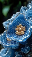 Macro shot of blue agate crystal with golden core showing natural layered formation and crystalline structure. Mineral specimen displays rich azure bands and metallic details.