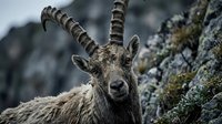 Alpine ibex wild goat with curved horns in mountain habitat looking at camera in natural rocky environment.