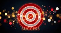 Red target with arrow hitting bullseye center surrounded by golden bokeh lights and sparks representing achievement and goal accomplishment in business.