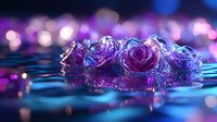 Glowing crystal roses floating on rippling water surface with purple and blue neon lights creating magical bokeh effect in dark background.