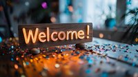 Neon welcome sign glowing with warm yellow light on table with colorful confetti and bokeh background, suitable for hospitality, event planning, and greeting designs.