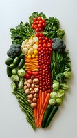 Fresh vegetables arranged in vibrant leaf pattern on white background. Colorful healthy food composition with tomatoes, carrots, broccoli, cucumbers and mushrooms.