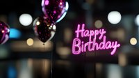 Glowing pink neon happy birthday sign with black and pink balloons against blurred bokeh background creates festive party atmosphere for celebration designs.