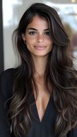 Young attractive woman with long wavy brown hair and natural makeup smiling confidently in black top for beauty and lifestyle concepts.