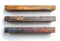 Rustic wooden beams with weathered patina and distressed surface showing natural aging and texture, isolated on white background for design projects.