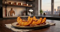 Roasted pumpkin slices with nuts on wooden plate in modern kitchen interior with city view. Autumn seasonal cooking and healthy vegetarian meal preparation.