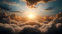 Dramatic sunset above fluffy clouds with golden sunburst breaking through dramatic cloudscape, creating ethereal atmosphere and heavenly scenery for spiritual backgrounds.