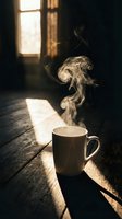 Steaming white mug on rustic wooden table in dramatic morning light with dark moody atmosphere and smoke curling upward.