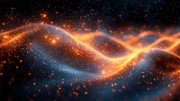 Glowing orange and blue waves of light particles flow through dark space creating magical cosmic effect with sparkling bokeh dots and luminous energy streams.