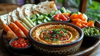 Creamy hummus dip garnished with herbs and olive oil served in traditional bowl with fresh vegetable crudites, pita bread and assorted dips on wooden platter.