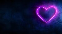 Glowing neon pink heart shape on dark textured wall with blue atmospheric lighting creates romantic mood for Valentine's day designs and love concepts.