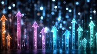Glowing neon arrows pointing upward against dark background with bokeh lights and digital matrix effect create futuristic business growth concept.