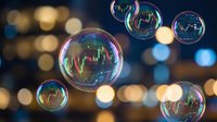 Financial market bubbles with trading charts floating in soap bubbles against blurred city lights background representing economic speculation and investment risks.