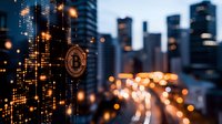 Glowing bitcoin symbol against blurred urban nightscape with digital matrix pattern and city lights creating futuristic cryptocurrency concept background.
