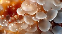 Delicate white bubbles floating in warm amber light create dreamy abstract background with soft bokeh effect and ethereal atmosphere. Macro photography reveals nature's magic.