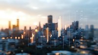 Modern cityscape with glowing financial data visualization and stock market graph overlay against blurred urban skyline during golden sunset hour.