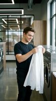 Young Caucasian man smiling while holding clean white shirt at modern laundromat, washing machines in background, daily chores concept.