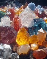 Colorful crystal formations in vibrant orange, blue, red and clear quartz varieties showcase natural mineral structures with dramatic lighting and sharp geometric shapes.