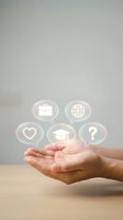 Hands holding glowing neon icons representing business, education, charity and global connectivity for corporate solutions and digital transformation concepts.
