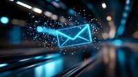Glowing blue digital envelope icon with sparkle particles floating in dark space, motion blur effect creates dynamic perspective for technology communication concept.
