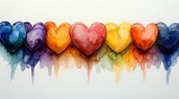 Watercolor rainbow hearts in row with dripping paint effect on white background, colorful love symbols arranged horizontally creating emotional artistic composition.