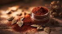 Rich cocoa powder in glass jar surrounded by golden autumn leaves on rustic wooden surface with warm lighting for baking and cooking projects.