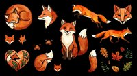 Cute fox character collection with sitting, jumping, and running poses, plus head variations, heart shape, tail details, and autumn foliage elements. Isolated on transparent background, ready for t-shirt design, clipart, stickers, sublimation, and print-on-demand projects.