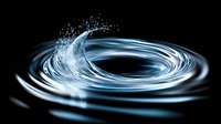 Rippling water surface creates dynamic spiral motion with splashing droplets against dark background, glowing with ethereal blue light. Artistic liquid photography.