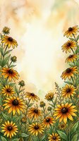 Watercolor sunflower border frame with yellow blooms and green leaves on textured background for greeting cards and invitations.