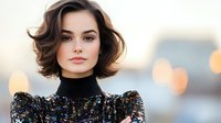 Young woman with short wavy brown hair wearing black turtleneck and sequined outfit against blurred city lights background, elegant portrait for fashion advertising.