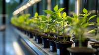 Young green seedlings growing in plastic pots under LED grow lights in modern indoor vertical farm facility. Agricultural technology for sustainable food production.