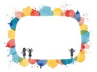 Colorful watercolor frame with silhouettes of children playing, featuring vibrant paint splashes and blank white space for text or design elements.