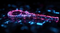 Glowing digital key with cybersecurity concept on computer keyboard background, illuminated in neon pink and blue colors creating futuristic technology atmosphere.