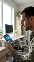 Young Caucasian man using smart home automation app on smartphone in modern office workspace controlling house temperature and lighting systems.