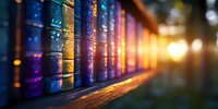 Row of vintage books on wooden shelf with magical bokeh light effect and sunset glow creating dreamy atmosphere for literature and education concepts.