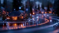Miniature cozy house with warm glowing windows on curved road at night, illuminated by street lights creating magical bokeh reflections on wet surface.