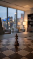 Chess piece on board in modern apartment with city skyline view at dusk, suitable for business strategy, leadership, and planning concepts.