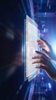 Hand touching holographic digital interface with glowing blue light rays and data streams in background, representing future technology, innovation, and digital transformation for business applications.