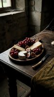 Red grapes, cheese, and figs arranged on wooden board atop rustic table in moody interior setting. Food styling and still life photography.