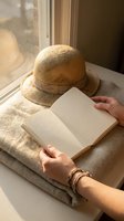 Cozy reading moment with open book and straw hat by sunny window. Relaxing leisure time concept for lifestyle and summer vacation themes.