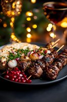 Grilled meat kebabs with onions and cranberries served on dark plate with flatbread and herbs. Festive dinner setting with warm bokeh lights and wine glass.