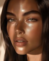Close up portrait of young Asian woman with glowing bronzed skin, glossy makeup and natural sunlit highlights creating dramatic shadows on face. Professional beauty photography.