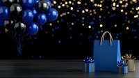 Festive blue and black balloons with gift boxes and shopping bag against dark background with bokeh lights. Elegant celebration setup for special occasions.