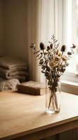 Dried flower bouquet in glass vase on wooden table near window with natural light creating warm cozy atmosphere for home decor and interior design.