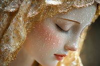Ethereal close-up portrait with delicate features covered in golden glitter and sparkles against dark background, showing serene expression and soft lighting effects.